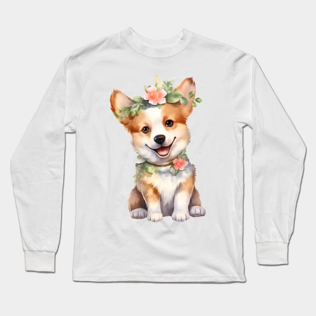 Watercolor Pembroke Welsh Corgi Dog with Head Wreath Long Sleeve T-Shirt by Chromatic Fusion Studio